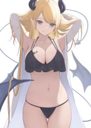 Rule 34 | 1girl, :q, absurdres, arms up, bat tattoo, black bra, black horns, black panties, black wings, blonde hair, blue eyes, bra, breast tattoo, breasts, cleavage, coat, cowboy shot, demon girl, demon tail, gluteal fold, halterneck, heart, heart tattoo, highres, hololive, horns, lab coat, large breasts, long hair, looking at viewer, low wings, navel, open clothes, open coat, panties, pointy ears, simple background, stomach, tail, tataki worker, tattoo, thigh gap, thighs, tongue, tongue out, underwear, very long hair, virtual youtuber, white background, white coat, wings, yuzuki choco, yuzuki choco (1st costume)