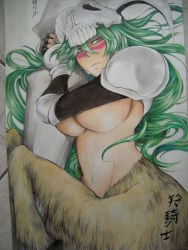 Rule 34 | 1girl, absurdres, bleach, breasts, centaur, covering privates, covering breasts, green hair, highres, huge breasts, nelliel tu odelschwanck, skull, solo, taur, topless, yellow eyes