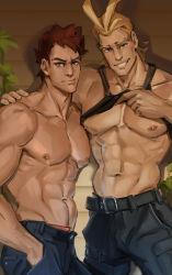 Rule 34 | 2boys, abs, absurdres, all might, antenna hair, arm around shoulder, bara, blonde hair, blue eyes, boku no hero academia, clothes lift, endeavor (boku no hero academia), freesilverwind, grin, hands in pockets, highres, large pectorals, looking at viewer, male focus, multiple boys, muscular, muscular male, nipples, pectorals, presenting pectorals, red hair, shirt lift, short hair, smile, spiked hair, tank top, teeth, topless male