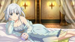 Rule 34 | 1girl, bed sheet, blunt bangs, candelabra, candlestand, closed mouth, collarbone, curtains, dress, game cg, gradient dress, grey dress, grey eyes, head rest, highres, holding, indoors, long dress, long hair, looking at viewer, lying, official art, on side, sash, sleepwear, sleeveless, sleeveless dress, smile, solo, sword art online, sword art online last recollection, tia (sao), white hair, yellow dress