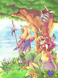 Rule 34 | 2girls, bad id, bad pixiv id, blonde hair, blue dress, blue eyes, boots, brown footwear, closed mouth, commentary request, dress, flower, full body, grass, green pants, hair between eyes, hizukiryou, holding, holding polearm, holding spear, holding weapon, imu (lom), legend of mana, long hair, multiple girls, pants, plant, polearm, pot, rabbit, rabite (seiken densetsu), seiken densetsu, short hair, smile, spear, standing, tree, weapon, yellow flower