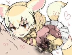 Rule 34 | 10s, 1boy, 1girl, animal ears, bent over, blonde hair, blush, bow, bowtie, brown eyes, censored, clothed female nude male, clothed sex, fang, fennec (kemono friends), fox ears, fox tail, gedou (ge ge gedou), half-closed eyes, handjob, heart, hetero, kemono friends, mosaic censoring, naughty face, nude, penis, pleated skirt, puffy short sleeves, puffy sleeves, sex, short hair, short sleeves, simple background, skirt, sweat, tail, tongue, tongue out, white background, white skirt, yellow bow