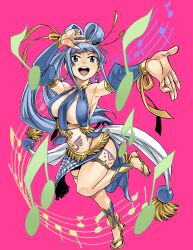 Rule 34 | 1girl, blue eyes, blue hair, blue sleeves, breast curtains, breasts, chloe (gate of nightmares), detached sleeves, earrings, full body, gate of nightmares, highres, jewelry, large breasts, long hair, looking at viewer, mashima hiro, musical note, official art, open mouth, pelvic curtain, ponytail, sandals, simple background, solo, teeth, transparent background, upper teeth only