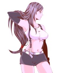 Rule 34 | 1girl, belt, breasts, brown hair, chiru (sanifani), final fantasy, final fantasy vii, gloves, hand in own hair, large breasts, long hair, low-tied long hair, midriff, miniskirt, navel, parted bangs, parted lips, red eyes, shirt, skirt, solo, suspender skirt, suspenders, thighs, tifa lockhart, upper body, white background, white shirt