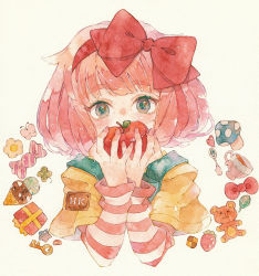 Rule 34 | 1girl, apple, bad id, bad pixiv id, blush, bow, bow hairband, box, candy, candy wrapper, commentary, cup, daisy, eyelashes, flower, food, fruit, gift, gift box, grey eyes, hairband, heart, highres, holding, holding food, holding fruit, ice cream, ice cream cone, key, liquid, long sleeves, looking at viewer, medium hair, mushroom, nail polish, oharu-chan, original, painting (medium), pink hair, pink nails, red bow, red hairband, solo, strawberry, stuffed animal, stuffed toy, symbol-only commentary, teacup, teddy bear, traditional media, watercolor (medium), wrapped candy