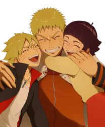 Rule 34 | 1girl, 2boys, black hair, blonde hair, cape, closed eyes, facial mark, father and daughter, father and son, grin, happy, hug, kirono, multiple boys, naruto, naruto (series), short hair, siblings, smile, uzumaki boruto, uzumaki himawari, uzumaki naruto