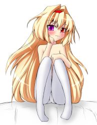 Rule 34 | bad id, bad pixiv id, bed, blonde hair, blush, grune, hairband, heterochromia, long hair, pantyhose, simple background, sitting, solo, topless, white pantyhose