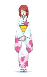 Rule 34 | 00s, 1girl, blue eyes, forte stollen, galaxy angel, highres, japanese clothes, kimono, looking at viewer, monocle, red hair, simple background, smile, solo, tabi, white background, yukata