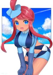 Rule 34 | 1girl, breasts, creatures (company), game freak, highres, large breasts, leaning forward, long hair, looking at viewer, nintendo, pokemon, pokemon bw, red hair, short shorts, shorts, skyla (pokemon), smile, solo, takahara, tan, thighs