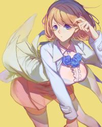 Rule 34 | 10s, 1girl, alternate breast size, bad id, bad pixiv id, breasts, brown eyes, brown hair, hair ornament, tucking hair, heart, heart hair ornament, highres, jacket, large breasts, looking at viewer, matching hair/eyes, miniskirt, narusawa ryouka, occultic;nine, pink skirt, red cucumber, see-through, short hair, skirt, solo, thighhighs, white thighhighs