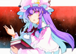 Rule 34 | 1girl, blue bow, blunt bangs, blurry, blurry foreground, book, book stack, bow, breasts, capelet, commentary request, crescent, crescent hat ornament, depth of field, dress, hair between eyes, hair bow, hair ribbon, hand up, hat, hat ornament, highres, holding, holding book, large breasts, light blush, light particles, long hair, looking at viewer, mob cap, open mouth, patchouli knowledge, pink capelet, pink dress, pink eyes, pink hat, purple hair, qqqrinkappp, red bow, ribbon, sidelocks, solo, touhou, tress ribbon, upper body