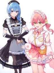 Rule 34 | 1girl, 2girls, 35p (sakura miko), absurdres, bare shoulders, black dress, black gloves, black pantyhose, blue eyes, blue hair, blush, breasts, cleavage, closed mouth, commentary, crinoline, detached sleeves, dress, elbow gloves, english commentary, fishnet gloves, fishnets, frilled dress, frilled shirt collar, frills, gloves, green eyes, hair ornament, hairband, hairclip, highres, hololive, hoshimachi suisei, hoshimachi suisei (maid), large breasts, lolita fashion, lolita hairband, looking at viewer, maid, medium dress, multiple girls, official alternate costume, open mouth, pantyhose, pink hair, pink skirt, sakura miko, sakura miko (new year), see-through, see-through cleavage, side slit, simple background, skirt, skirt hold, smile, tang-du, virtual youtuber, wa lolita, white background