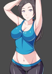 Rule 34 | 1girl, alternate color, armpits, arms up, black background, black hair, breasts, cleavage, clothes writing, grey hair, groin, hai ookami, impossible clothes, large breasts, long hair, midriff, navel, nintendo, pale skin, ponytail, purple eyes, simple background, smile, solo, spandex, tank top, wide hips, wii fit, wii fit trainer, wii fit trainer (female)