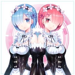 Rule 34 | 10s, 2girls, blue eyes, blue hair, breasts, cleavage, closed mouth, commentary request, detached sleeves, hair ornament, hair over one eye, hair ribbon, highres, kngn, looking at viewer, maid, maid headdress, multiple girls, pink eyes, pink hair, purple ribbon, ram (re:zero), re:zero kara hajimeru isekai seikatsu, rem (re:zero), ribbon, shiny clothes, short hair, siblings, side-by-side, sisters, small breasts, smile, twins, x hair ornament
