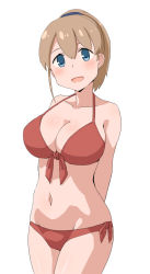 Rule 34 | 1girl, arms behind back, bikini, blue eyes, breasts, brown hair, cleavage, collarbone, cowboy shot, front-tie top, intrepid (kancolle), junes, kantai collection, large breasts, looking at viewer, navel, ponytail, red bikini, short hair, side-tie bikini bottom, simple background, solo, swimsuit, white background