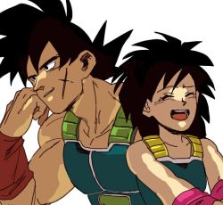 Rule 34 | 1boy, 1girl, :d, ^ ^, armor, bardock, black eyes, black hair, clenched hand, close-up, closed eyes, couple, dragon ball, closed eyes, gine, hand on own cheek, hand on own face, hetero, light smile, looking away, open mouth, scar, short hair, simple background, smile, spiked hair, tako jirou, teeth, upper body, upper teeth only, white background, wristband