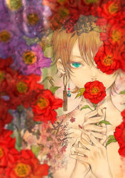 Rule 34 | 1boy, aqua eyes, beads, blurry, brown hair, camellia, collarbone, covered mouth, depth of field, earrings, flower, flower over eye, flower over mouth, highres, holding, holding flower, jewelry, kagamine len, light particles, looking at viewer, male focus, multiple earrings, nail polish, nude, one eye covered, own hands together, purple flower, red flower, red nails, satsuki kei, shoulder tattoo, solo, tattoo, upper body, vocaloid