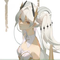Rule 34 | 1girl, armlet, bare shoulders, cross, cross-shaped pupils, cross earrings, detached sleeves, dress, earrings, floating, floating hair ornament, floating object, hair between eyes, jewelry, jijing zishui, long hair, long neck, looking at viewer, luna (punishing: gray raven), punishing: gray raven, symbol-shaped pupils, twintails, white background, white dress, white hair, yellow eyes
