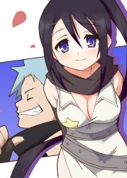 Rule 34 | 00s, 1boy, 1girl, 9law, bad id, bad pixiv id, belt, black hair, black scarf, black star, blue eyes, breasts, cleavage, closed mouth, closed eyes, from side, grin, looking at viewer, nakatsukasa tsubaki, petals, profile, scarf, side ponytail, silver hair, smile, soul eater, spiked hair, star (symbol), teeth