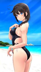 Rule 34 | 1girl, ahoge, alternate costume, ass, back cutout, beach, black hair, black one-piece swimsuit, blue eyes, braid, breasts, closed mouth, clothes pull, clothing cutout, competition swimsuit, facing to the side, from side, hair flaps, hair ornament, hairpin, highleg, highleg swimsuit, highres, kantai collection, light rays, light smile, long hair, looking at viewer, medium breasts, ocean, one-piece swimsuit, one-piece swimsuit pull, outdoors, pulling own clothes, revision, shigure (kancolle), shigure kai ni (kancolle), sideboob, single braid, solo, swimsuit, wa (genryusui)