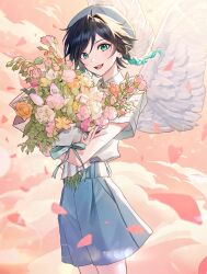 Rule 34 | 1boy, alternate costume, aqua eyes, aqua hair, beret, black hair, blue shorts, bouquet, braid, collared shirt, feathered wings, flower, genshin impact, gradient hair, hat, highres, holding, holding bouquet, male focus, multicolored hair, open mouth, pponnya, shirt, short hair, short hair with long locks, short sleeves, shorts, smile, solo, twin braids, venti (genshin impact), white hat, white shirt, white wings, wings