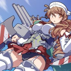 Rule 34 | 1girl, 547th sy, black panties, blue sky, brown eyes, brown hair, cannon, cloud, commentary request, cowboy shot, day, detached sleeves, garter straps, headdress, highres, kantai collection, littorio (kancolle), long hair, machinery, necktie, panties, pleated skirt, ponytail, shirt, skirt, sky, sleeveless, sleeveless shirt, solo, thighhighs, underwear, wavy hair, white thighhighs