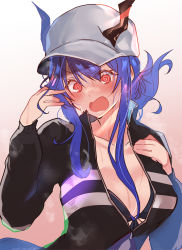 Rule 34 | 1girl, @ @, absurdres, arito arayuru, arknights, baseball cap, bikini, bikini under clothes, black bikini, black jacket, blue hair, blush, breasts, ch&#039;en (arknights), ch&#039;en the holungday (arknights), collarbone, folded ponytail, gradient background, hands up, hat, highres, horns, horns through headwear, jacket, large breasts, long sleeves, official alternate costume, open mouth, partially unzipped, red eyes, sidelocks, simple background, solo, swimsuit, upper body, white background, white hat