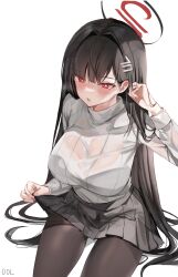 Rule 34 | 1girl, absurdres, black bra, black hair, black pantyhose, black skirt, blue archive, blush, bra, bra visible through clothes, breasts, bright pupils, dolechan, hair ornament, hairclip, halo, highres, large breasts, long hair, pantyhose, pleated skirt, red eyes, ribbed sweater, rio (blue archive), skirt, solo, sweater, turtleneck, turtleneck sweater, underwear, very long hair, wet, wet clothes, white pupils, white sweater