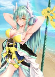 Rule 34 | 1girl, :d, absurdres, aqua hair, armpits, arms behind head, bare shoulders, beach, bikini, blue sky, blush, bow, breasts, cleavage, cloud, commentary request, cowboy shot, day, fate/grand order, fate (series), groin, hair between eyes, hair bow, highres, horns, japanese clothes, kimono, kimono pull, kiyohime (fate), kiyohime (fate/grand order), kiyohime (swimsuit lancer) (fate), kiyohime (swimsuit lancer) (first ascension) (fate), kuromu, large breasts, long hair, looking at viewer, medium breasts, navel, ocean, open mouth, outdoors, sand, sidelocks, sky, smile, solo, swimsuit, thighs, very long hair, wet, yellow bikini, yellow eyes