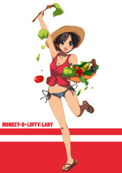 Rule 34 | 1girl, :o, arm above head, black eyes, black hair, blue eyes, breasts, brown hair, carrot, character name, cleavage, corn, english text, food, fork, genderswap, genderswap (mtf), groin, haruna mahiru, hat, highres, holding, holding fork, lettuce, midriff, monkey d. luffy, navel, one piece, open mouth, panties, sandals, short hair, side-tie panties, simple background, sleeveless, small breasts, solo, straw hat, striped clothes, striped panties, tan, tomato, underwear, vegetable, vest, white background