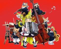 Rule 34 | 1girl, accordion, animal, animal ears, bandana, black dress, black footwear, blonde hair, bow, clarinet, commentary, doitsuken, dress, drum, drumsticks, footwear bow, fox, fox child (doitsuken), fox ears, fox tail, head scarf, instrument, multiple tails, music, musical note, one eye closed, original, pants, playing instrument, raccoon, red background, saxophone, shoes, simple background, tail, tanuki, white bandana, white bow, white footwear, white neckwear, white pants
