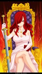 Rule 34 | 1girl, absurdres, breasts, cleavage, dress, elbow gloves, erza scarlet, fairy tail, female focus, gloves, highres, large breasts, long hair, looking at viewer, red hair, smile, solo, sword, weapon, white dress