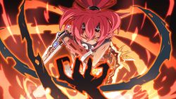 Rule 34 | 1girl, absurdres, battle, dagger, fire, game cg, highres, injury, knife, makai shin trillion, mammon (makai shin trillion), nanameda kei, official art, one eye closed, ponytail, red hair, solo, weapon, yellow eyes