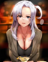 Rule 34 | 1girl, alternate costume, blush, breasts, cleavage, coat, cup, drink, drinking glass, green coat, grey eyes, highres, jewelry, kantai collection, large breasts, long hair, long sleeves, looking at viewer, necklace, aged up, one side up, open mouth, osterei, silver hair, solo, suzutsuki (kancolle), upper body