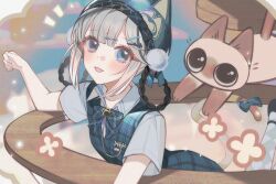 Rule 34 | 1girl, animal ear headwear, argyle, argyle clothes, argyle legwear, bambinata (punishing: gray raven), black footwear, blue bow, blue bowtie, blue dress, blue eyes, blue hat, blush, bow, bowtie, braided hair rings, cat, cat girl, cat tail, center-flap bangs, checkered bow, checkered bowtie, checkered clothes, checkered dress, chinese commentary, collared shirt, commentary, dress, fake animal ears, grey socks, hair ornament, hairclip, hat, highres, looking at viewer, notice lines, official alternate costume, parted lips, pinafore dress, pom pom hat ornament, punishing: gray raven, shirt, short sleeves, siamese cat, sleeveless, sleeveless dress, socks, solo, sucui jiaxinyun, tail, tail bow, tail ornament, upper body, white hair, white shirt, x hair ornament