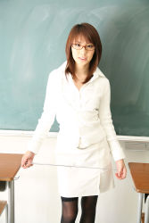 Rule 34 | blouse, cardigan, classroom, glasses, highres, miniskirt, photo (medium), pointer, school, shirt, skirt, thighhighs, yamamoto azusa