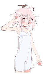 Rule 34 | 1girl, absurdres, ahoge, animal, animal on head, bird, bird on head, bush, choker, eds, hair between eyes, hair ornament, happy (eds), highres, looking at viewer, nightgown, on head, original, pink eyes, pink hair, rabbit hair ornament, ringed eyes, see-through, see-through silhouette, simple background, smile, solo, twintails, v, white background, white nightgown