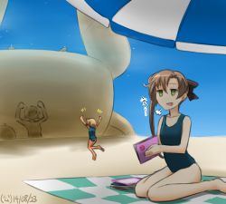 Rule 34 | 10s, 2girls, :d, \o/, akigumo (kancolle), arms up, book, brown hair, dated, green eyes, hamu koutarou, jumping, kantai collection, multiple girls, oboro (kancolle), one-piece swimsuit, open mouth, outstretched arms, sand sculpture, sigh, sitting, smile, swimsuit, tan, wariza