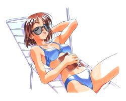 Rule 34 | 1990s (style), 1girl, ;p, arm behind head, arm up, beach chair, bikini, blue bikini, book, brown hair, covering navel, holding, holding book, kai tomohisa, looking at viewer, lying, non-web source, official art, on back, one eye closed, photoshop (medium), retro artstyle, sentimental graffiti, short hair, simple background, solo, sunglasses, swimsuit, tongue, tongue out, white background, yamamoto rurika