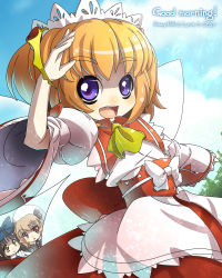 Rule 34 | 3girls, :&lt;, ascot, black hair, blonde hair, blue sky, bow, cloud, dress, hair bow, hat, juliet sleeves, light particles, long sleeves, looking at viewer, luna child, maid headdress, multiple girls, obi, official art, puffy sleeves, purple eyes, red dress, red eyes, sash, shirt, sky, smile, star sapphire, sunny milk, touhou, twintails, umigarasu (kitsune1963), wide sleeves, yellow eyes