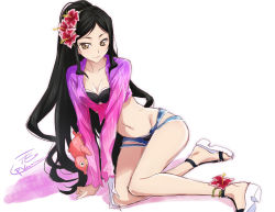 Rule 34 | 1girl, ankle flower, bad id, bad pixiv id, bikini, black bikini, black hair, blue shorts, breasts, brown eyes, cleavage, closed mouth, collarbone, denim, denim shorts, flower, groin, hair flower, hair ornament, highres, isshi pyuma, long hair, medium breasts, midriff, navel, official alternate costume, parted bangs, pink shirt, ponytail, red flower, shirt, short shorts, shorts, signature, sitting, sketch, smile, solo, stomach, swimsuit, tales of (series), tales of berseria, tied shirt, torn clothes, torn shorts, velvet crowe, very long hair