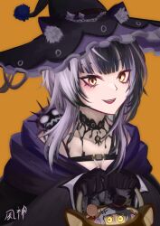 Rule 34 | 1girl, animal ear fluff, animal ears, black cape, black choker, black gloves, black hair, black headwear, bucket, cape, cat ears, chest belt, choker, fuugami, gloves, halloween, halloween bucket, halloween costume, hat, highres, holding, holding bucket, hololive, hololive english, lace-trimmed choker, lace trim, looking at viewer, multicolored hair, shiori novella, smile, split-color hair, virtual youtuber, white hair, witch hat, yellow eyes, yorick (shiori novella)