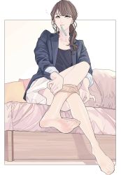 Rule 34 | 1girl, adjusting clothes, adjusting legwear, bed, brown hair, convenient leg, dressing, expressionless, feet, full body, grey eyes, highres, jacket, jewelry, keiko (um7mr1), legs, long hair, necklace, no shoes, original, pantyhose, ponytail, see-through, see-through legwear, sitting, skirt, solo, tights day, toothbrush, toothbrush in mouth