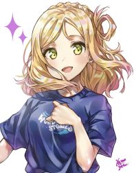 Rule 34 | 10s, 1girl, :d, artist name, bad id, bad pixiv id, blonde hair, blue shirt, braid, clenched hand, clothes writing, crown braid, green eyes, hair rings, hand on own chest, highres, love live!, love live! sunshine!!, medium hair, ohara mari, open mouth, shirt, short sleeves, simple background, smile, solo, sparkle, t-shirt, takenoko no you, upper body, white background