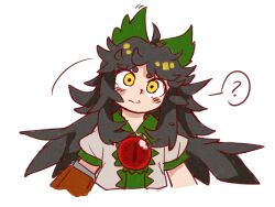 Rule 34 | 1girl, ?, ahoge, arm cannon, black hair, black wings, bow, closed mouth, commentary, english commentary, ezier, green bow, hair bow, highres, long hair, looking at viewer, reiuji utsuho, short sleeves, sidelocks, simple background, solo, spoken question mark, third eye, touhou, weapon, white background, wings, yellow eyes