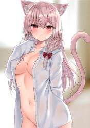 Rule 34 | 1girl, absurdres, akino ell, animal ear fluff, animal ears, blurry, breasts, cat ears, cat girl, cat tail, cleavage, closed mouth, collarbone, collared shirt, cowboy shot, depth of field, frown, groin, highres, large breasts, long hair, long sleeves, looking at viewer, naked shirt, navel, open clothes, open shirt, original, pink hair, red eyes, scan, shirt, solo, standing, stomach, tail, tail raised, white shirt