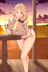 Rule 34 | 1girl, alcohol, alternate costume, amiba (nerdamiba), bare legs, bare shoulders, beach, bent over, bikini, black bikini, black bow, blonde hair, blouse, blue eyes, bow, breasts, cleavage, closed mouth, cloud, collarbone, cup, drinking glass, evening, feet out of frame, fire emblem, fire emblem: three houses, frilled sleeves, frills, gradient sky, grey shirt, groin, hair bow, hair over shoulder, highres, large breasts, long hair, long sleeves, looking at viewer, mercedes von martritz, nintendo, ocean, off shoulder, open clothes, open shirt, shirt, shore, side-tie bikini bottom, sky, smile, solo, standing, striped, striped bow, sun, sunlight, sunset, swimsuit, table, thighs, water, wide hips, wine glass, wooden floor