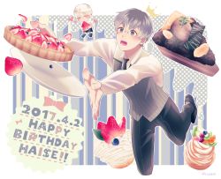 Rule 34 | 2boys, black footwear, black hair, black pants, black shorts, bow, bow print, cake, cape, chibi, cropped legs, dated, dual persona, food, foot up, fruit, grey hair, happy birthday, heart, holding, holding food, holding plate, kaneki ken, leaning forward, multicolored hair, multiple boys, nabe-box, open mouth, pants, plate, short hair, shorts, strawberry, strawberry cake, striped background, striped clothes, striped vest, teeth, tokyo ghoul, tokyo ghoul:re, tripping, two-tone hair, vest