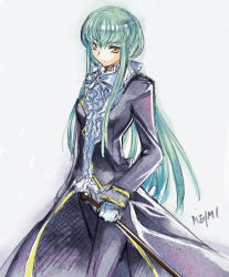 Rule 34 | 00s, 1girl, bow, c.c., cane, code geass, crossdressing, dress, female focus, formal, frills, frown, gloves, green hair, long hair, meimi k, ponytail, signature, solo, white background, yellow eyes