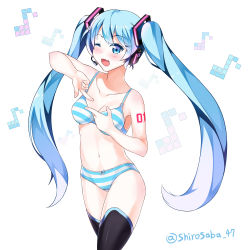 Rule 34 | 1girl, absurdres, bad id, bad pixiv id, blue bra, blue eyes, blue hair, blue panties, blush, bow, bow bra, bow panties, bra, crotch seam, fang, hatsune miku, headset, highres, long hair, matching hair/eyes, musical note, navel, one eye closed, open mouth, panties, quaver, shirosaba47, solo, striped bra, striped clothes, striped panties, tattoo, thighhighs, twintails, twitter username, underwear, underwear only, very long hair, vocaloid, white background